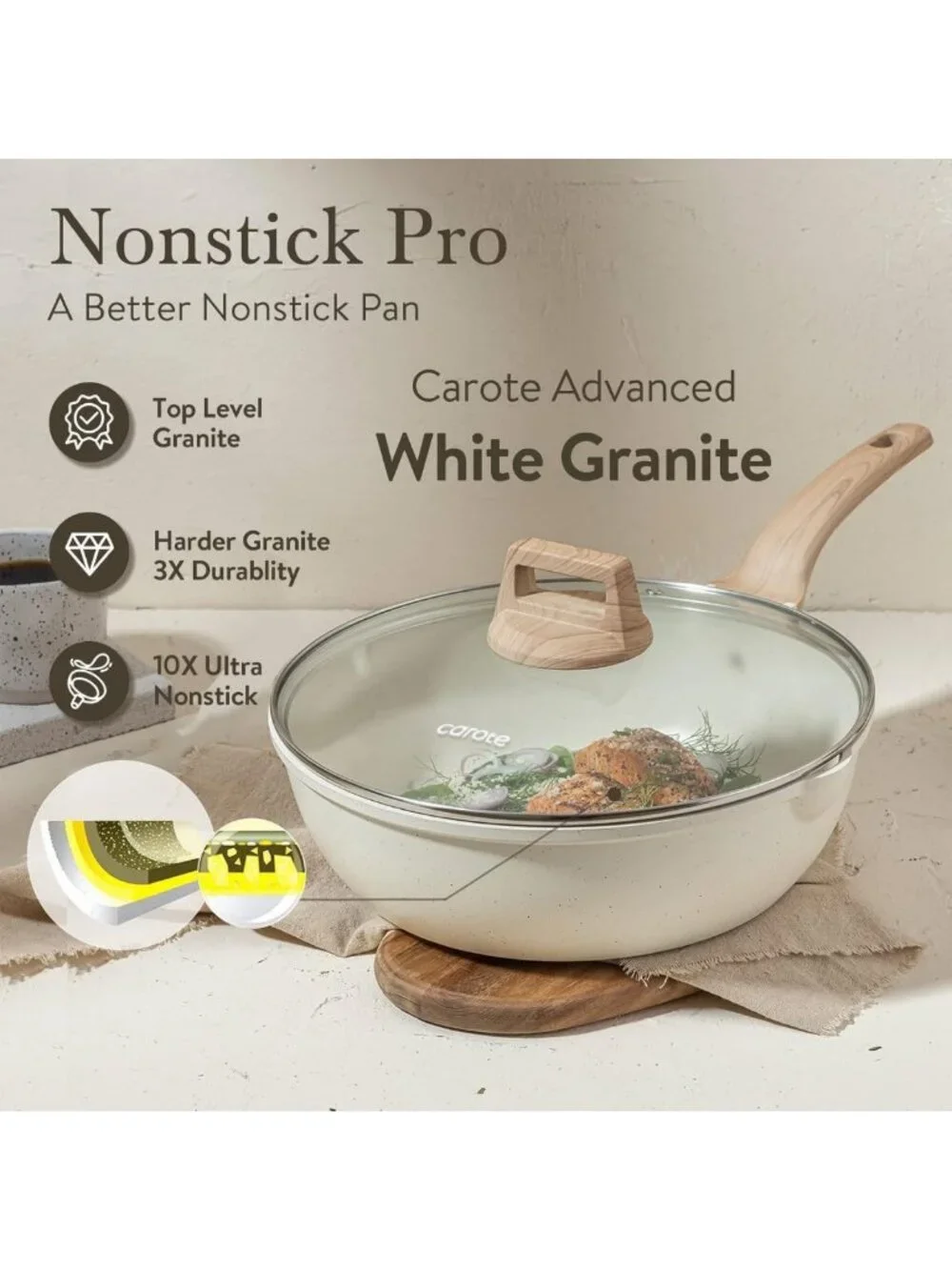 12-Inch Nonstick Deep Frying Pan with Lid - 5.5 Qt White Granite Cookware